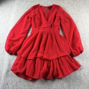 Womens Red Long-Sleeve V-Neck Tiered Chiffon Dress By Japna Size M Dress Size XS